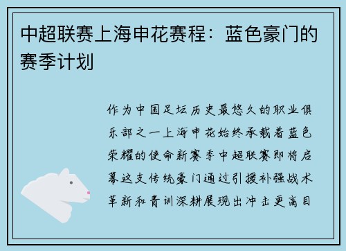 中超联赛上海申花赛程：蓝色豪门的赛季计划