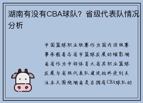 湖南有没有CBA球队？省级代表队情况分析